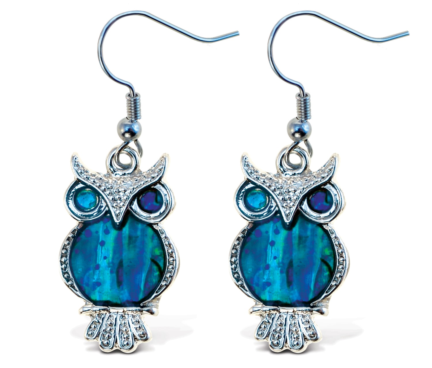 Fish Hook Owl – Aqua Jewelry – Earrings – Dangle Post