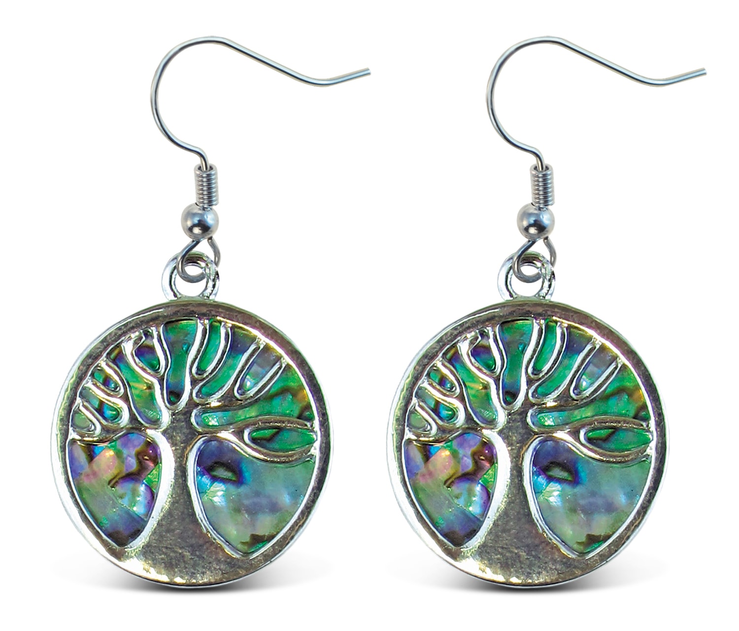 Fish Hook Natural Paua – Tree Of Life – Aqua Jewelry – Earrings – Dangle Post