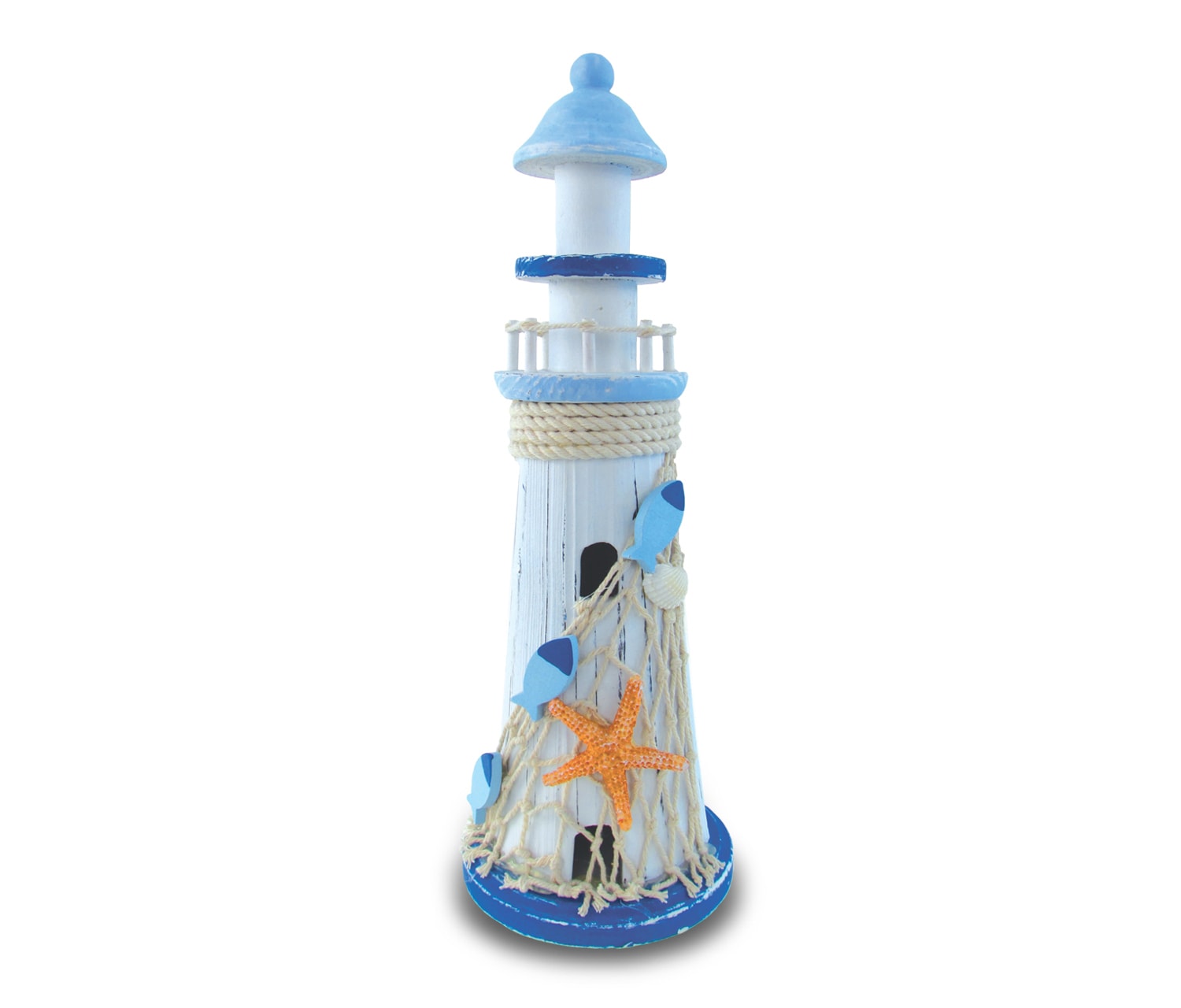 Light Blue Sripes Lighthouse W/Star Fish Large – Nautical Decor