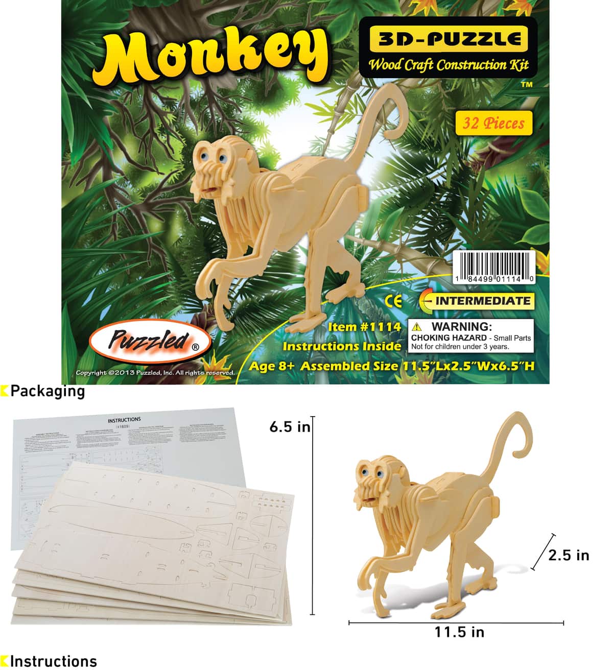 Build And Paint 3D Wooden Animal Monkey Jigsaw Puzzle Model Kit Craft Toy 