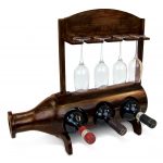 Lancelot – 3 Bottles & 4 Wine Glasses Wooden Holder – Bottle Shape – Wine Decor