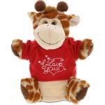 DolliBu I LOVE YOU Super Soft Plush Giraffe Hand Puppet with Red Shirt – 10″