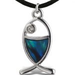 Necklace – Black Cord 18″ – Blue Paua – Christian Fish – Aqua79 Jewelry