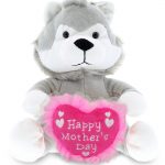 DolliBu Happy Mother’s Day Super Soft Plush Sitting Wolf Figure – Cute Stuffed Animal with Pink Heart Message for Best Mommy, Grandma, Wife, Daughter – Cute Wild Life Plush Toy Gift – 6″ Inches