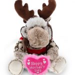 DolliBu Happy Mother’s Day Super Soft Plush Moose With Clothes – Cute Stuffed Animal with Pink Heart Message for Best Mommy, Grandma, Wife, Daughter – Cute Wild Life Plush Toy Gift – 9″ Inches