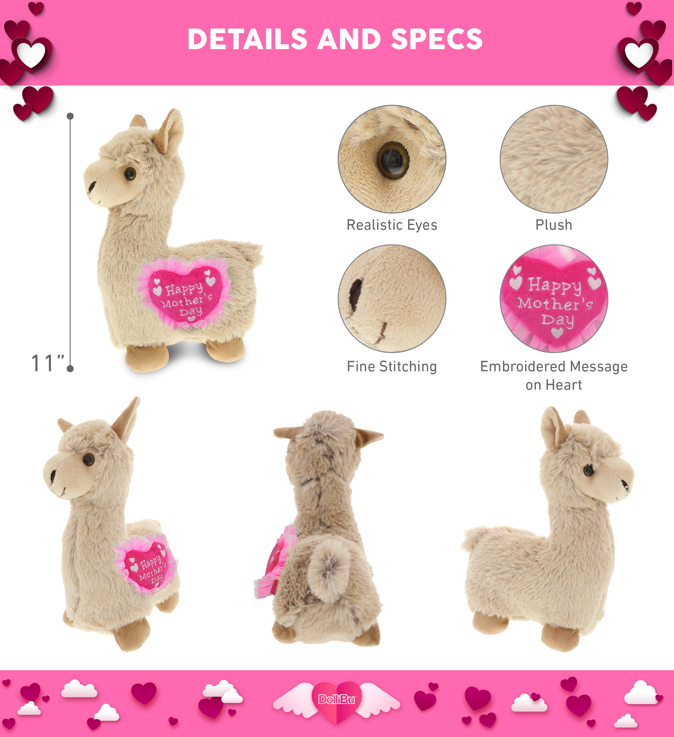 DolliBu Happy Mother's Day Super Soft Plush Beige Llama Cute Stuffed Animal 