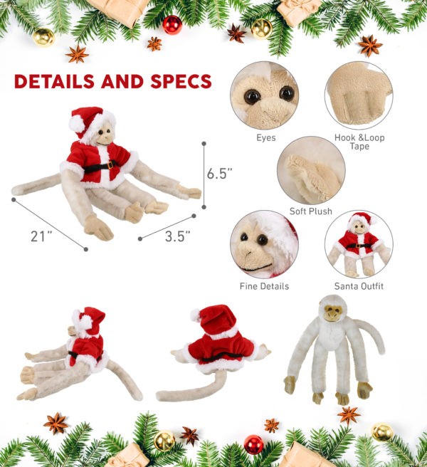 Long Arm Hanging White Squirrel Monkey - Santa Super Soft Plush - Image 2