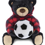 Black Bear With Soccer Plush – Super Soft Plush With Red Plaid Hoodie