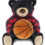 Black Bear With Basketball Plush – Super Soft Plush With Red Plaid Hoodie