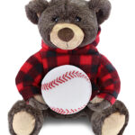 Brown Bear With Baseball Plush – Super Soft Plush With Red Plaid Hoodie