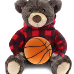 Brown Bear With Basketball Plush – Super Soft Plush With Red Plaid Hoodie