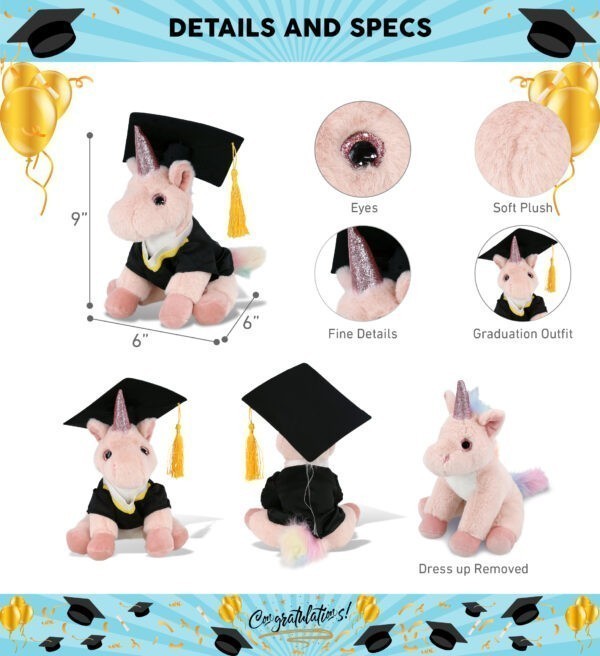 Pink Unicorn 9" With Graduation Dress Up Set  - Super-Soft Plush - Image 2