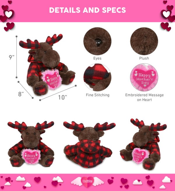 Plaid Brown Moose With Hoodie With Mother's Day Heart Plush - Super Soft Plush - Image 2