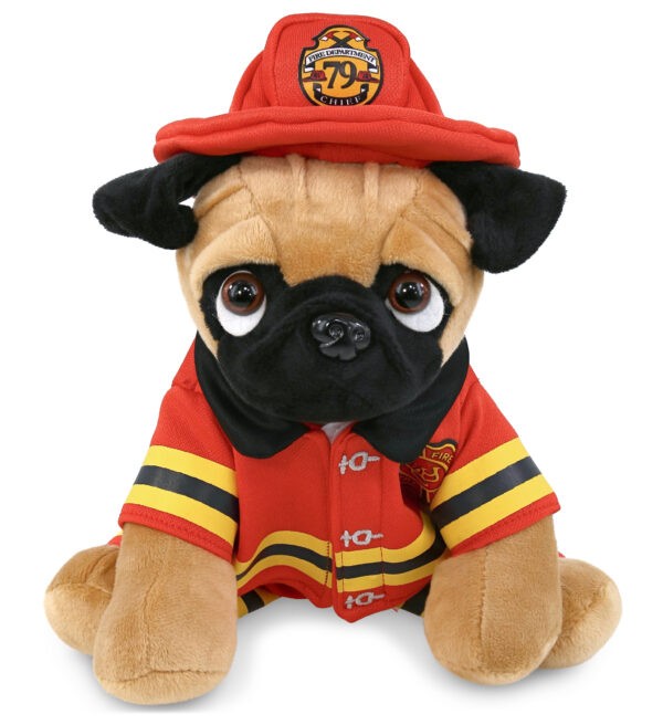 Big-Eyed Pug Dog Plush With Fireman Dress Up - Super Soft Plush