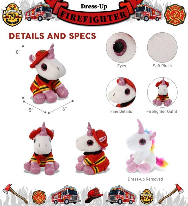 Sparkling Big Eye White Unicorn Plush With Fireman Dress Up - Super Soft Plush - Image 2